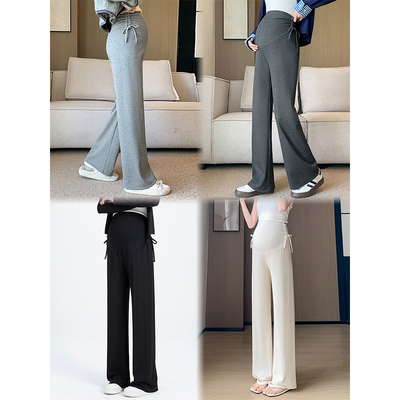 Pregnant women's pants 2024 new pregnant women's pants autumn and winter fleece-lined small pregnancy wide leg pants drawstring straight tube pants
