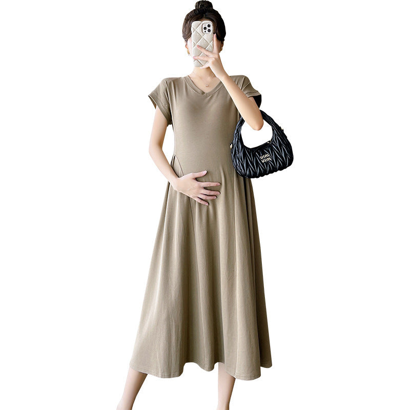 dress Maternity Summer Women's Online Celebrity V-neck Fashionable Temperament Girdle Slimming Belly Covering A- line dress Maternity