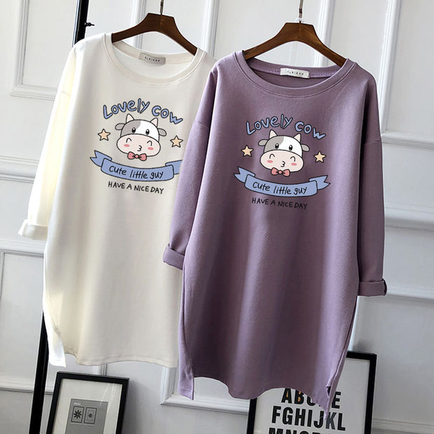 Pregnant Women's Autumn Cotton Top Mid-length Long-sleeved Loose Korean Fashion Trendy Mom's Pregnancy T-shirt Winter Base Shirt