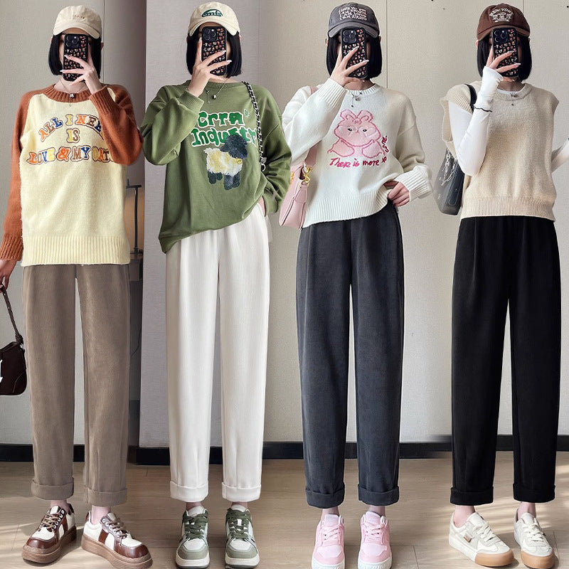 Pregnant women's autumn and winter chenille European cotton velvet fleece-lined thickened bloomers slim ankle-tied pants sports pants