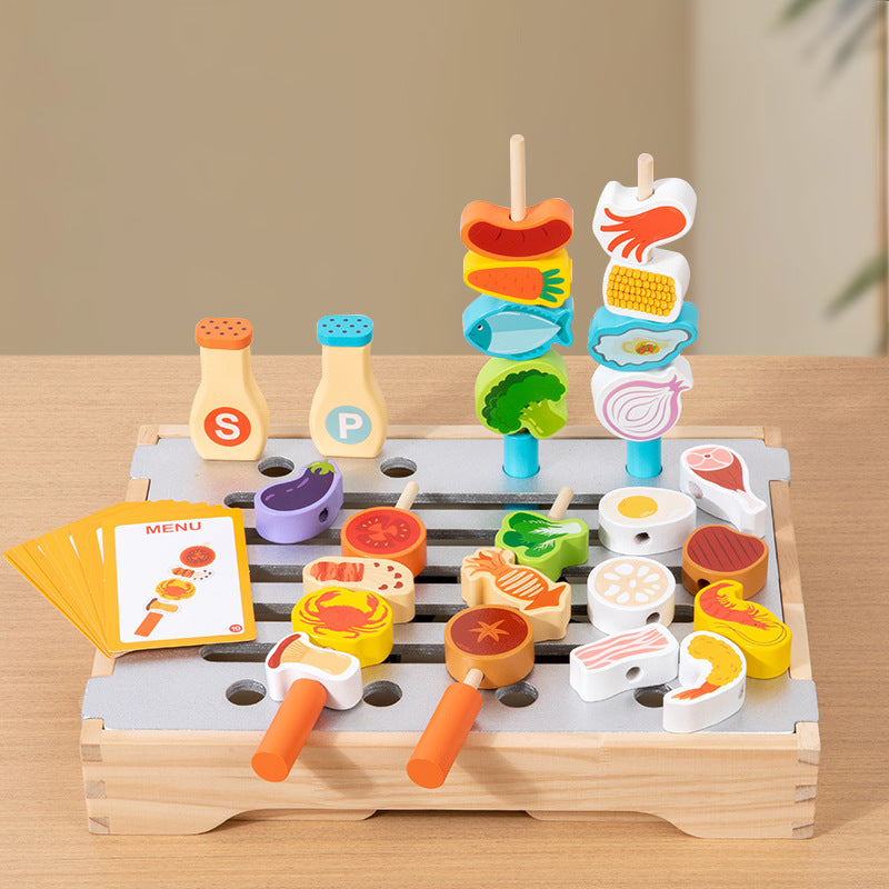 Cross-Border Young Children's Fun Wooden Multi-Functional Simulation Kitchen Barbecue Grill Educational Toys Parent-Child Interactive Play House