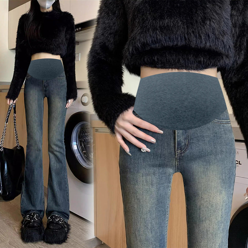 Pregnant women's flared pants cement gray autumn and winter jeans belly pants simple casual pants