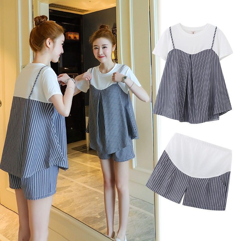 Pregnant women's clothing spring and summer striped two-piece suit 2022 new belly pants short sleeve loose pregnant women's T-shirt top tide