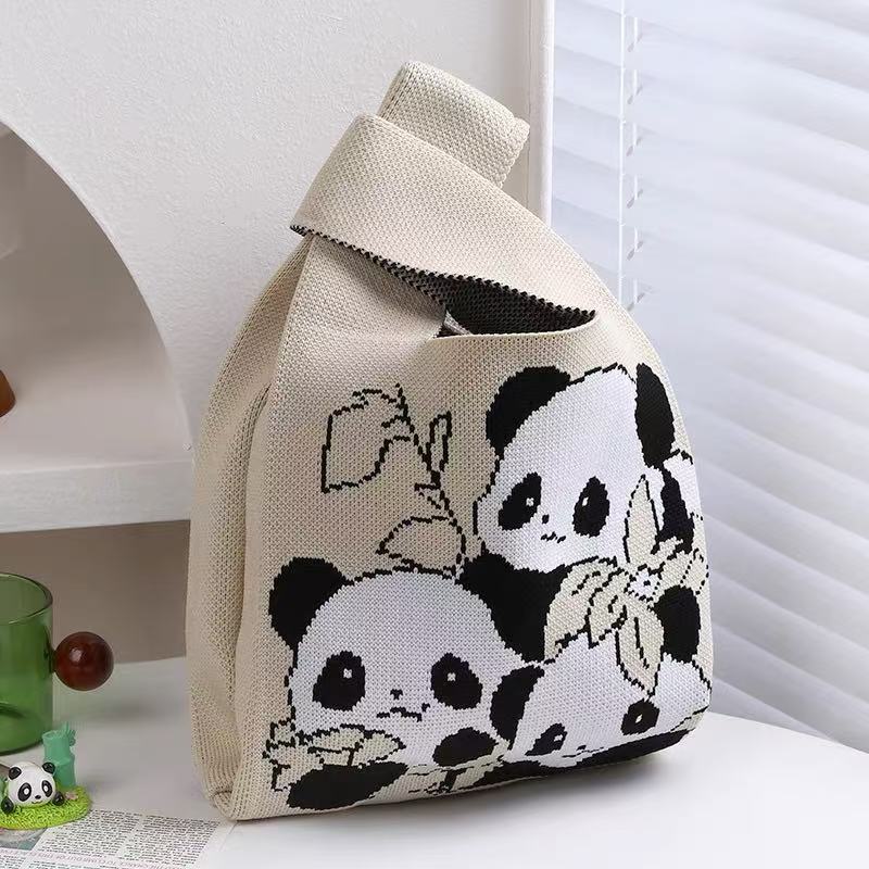 Panda New Knitted Bag Women's Handbag Wide Hand Gift Back Gift Bag Cute Panda Knitted Bag Hand Gift