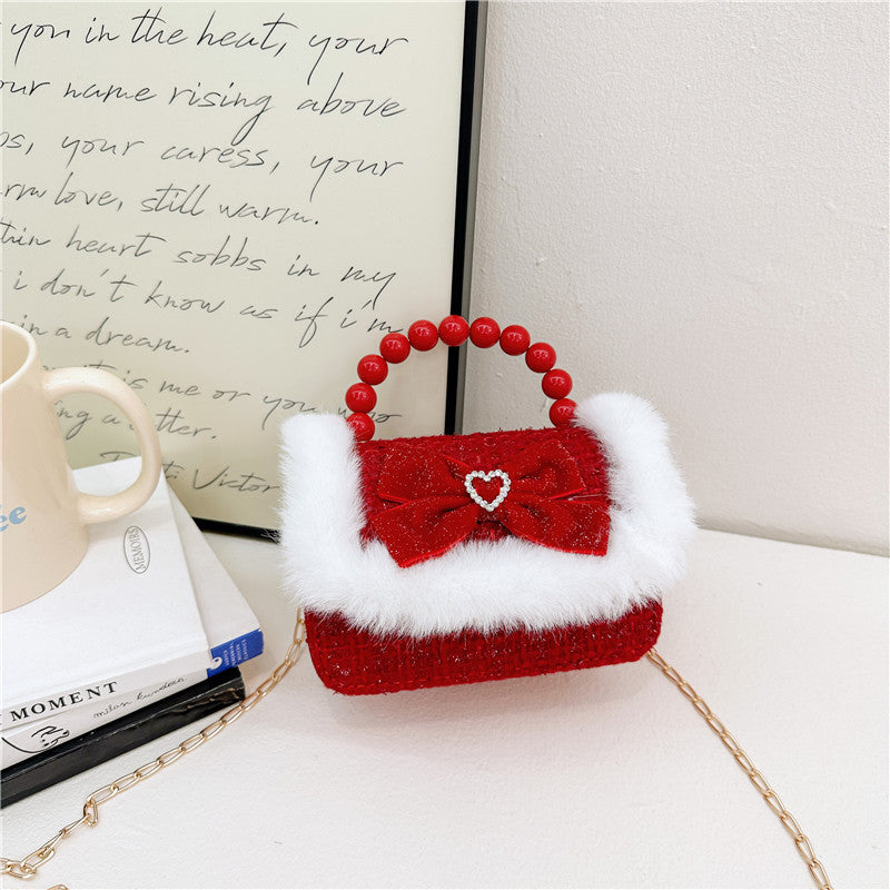 Children's New Year Red Envelope Korean Style Bow Pearl Small Square Bag Princess Shoulder Crossbody Mini Change Accessories Small Bag