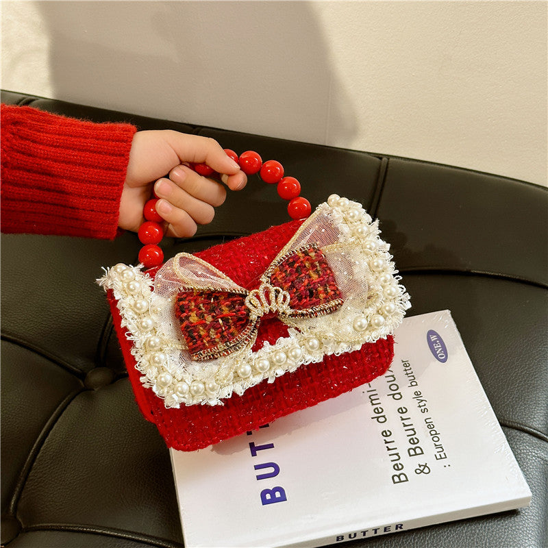 Children's New Year Red Envelope Korean Style Bow Pearl Small Square Bag Princess Shoulder Crossbody Mini Change Accessories Small Bag