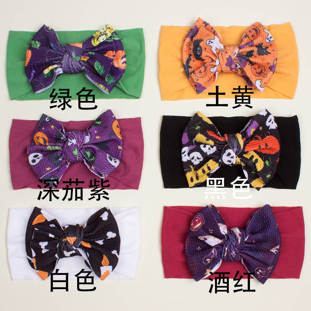 European and American New Halloween Children's Hair Band Pumpkin Head Printed Bow Baby Hair Accessories Baby Headscarf