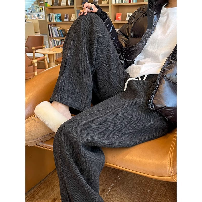 Maternity Pants, Autumn and Winter Style, Woolen, Thickened, Wide-Leg Pants for Outer Wear, High-Waisted, Belly-Supporting, Plus-Size, Straight-Leg, Casual Long Pants with Fleece Lining