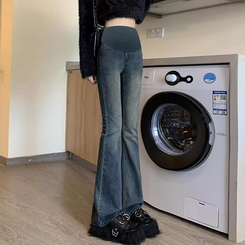 Pregnant women's flared pants cement gray autumn and winter jeans belly pants simple casual pants