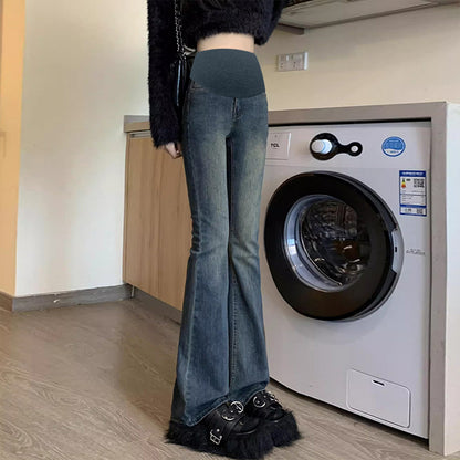 Pregnant women's flared pants cement gray autumn and winter jeans belly pants simple casual pants