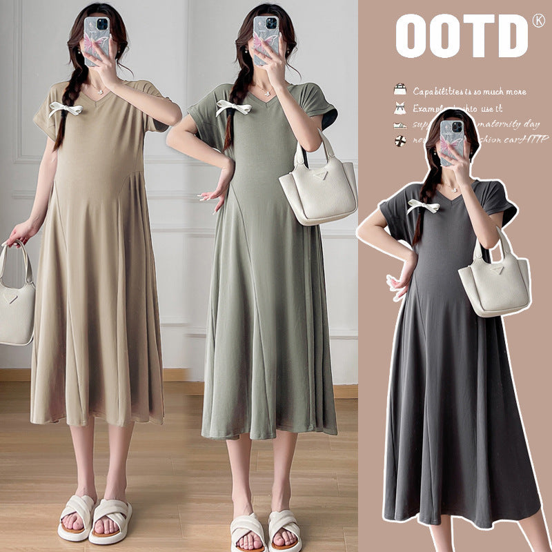 Pregnant Women's Summer Fashion Design Feeling Temperament Waist Slimming Belly Covering Pregnant Women's dress New Korean Style Pregnant Women's Dress