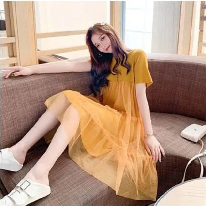 Maternity Summer 2023 New Korean Style Loose Fresh Sweet Stitching Short Sleeve Cake Fairy Dress