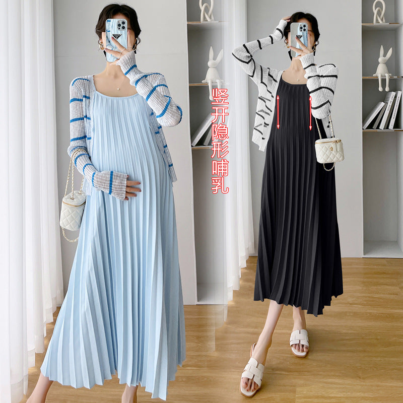 Real shot spot 2023 spring new net red maternity sling two-piece slimming sunscreen breastfeeding dress