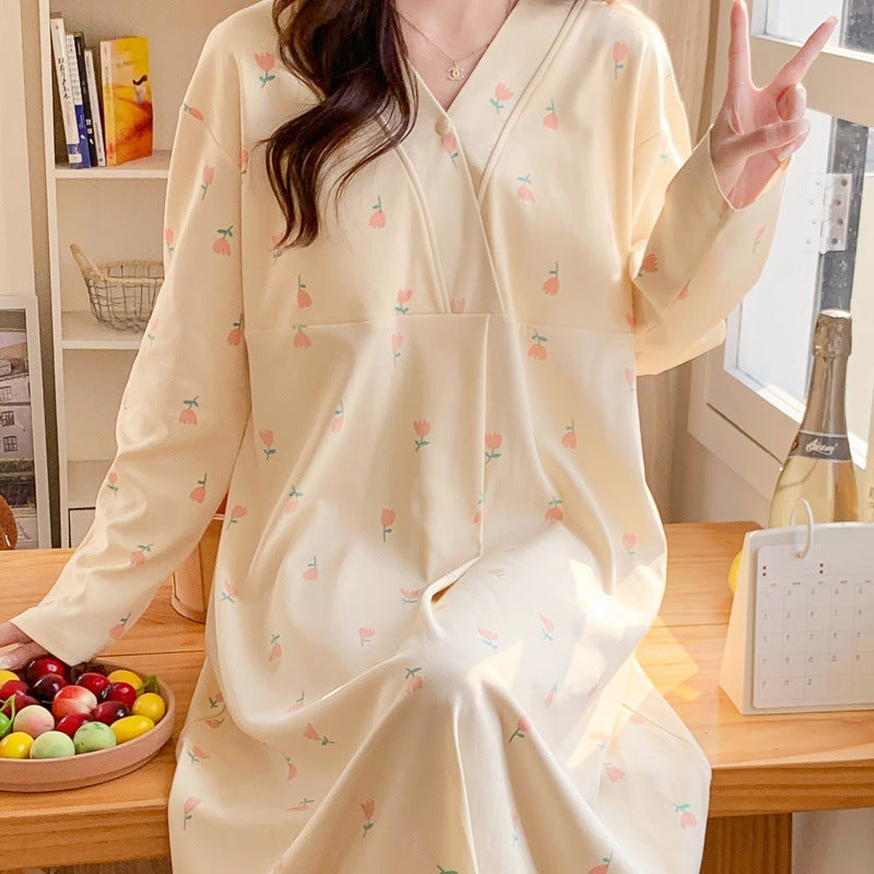 Chest Pad Moon Dress Spring and Autumn Cotton Postpartum Breastfeeding dress Summer Nightgown for Pregnant Women Nightgown During Pregnancy Feeding Nightgown