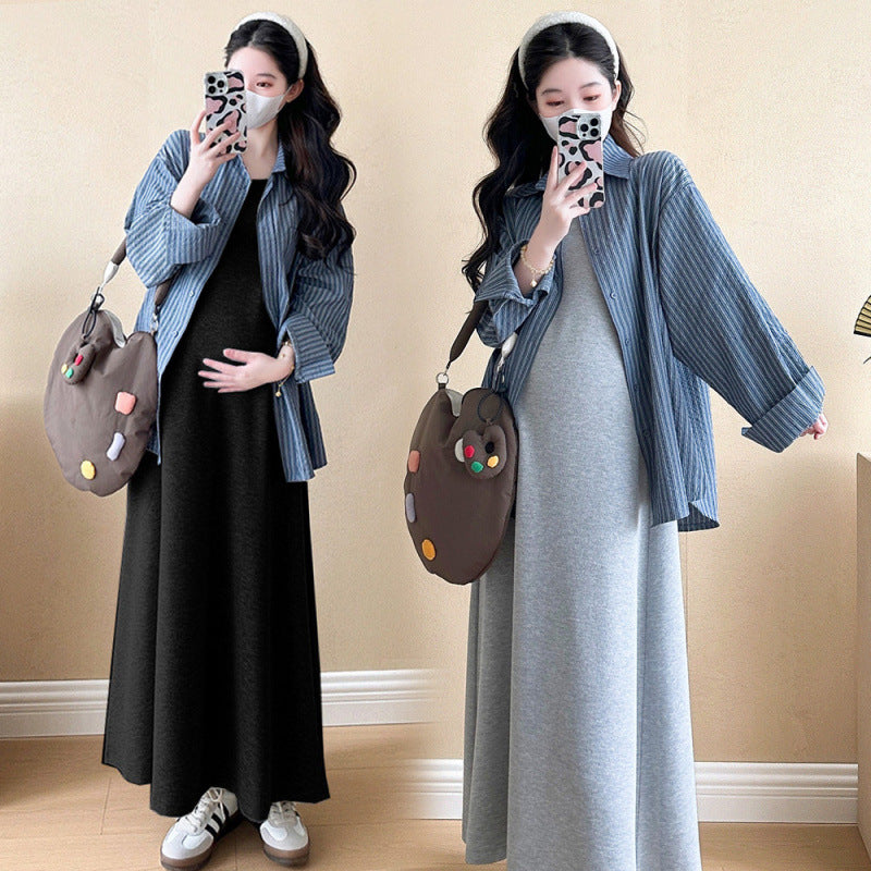 Maternity Dress Summer Style 2025 New Early Autumn Lazy Style Suit Shirt Two-Piece Set Vest Long Skirt Spring and Autumn