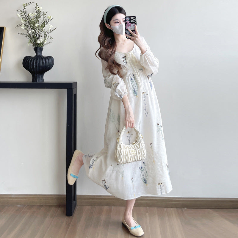 Spring 2025 new French flower heavy embroidery temperament waist pregnant women dress