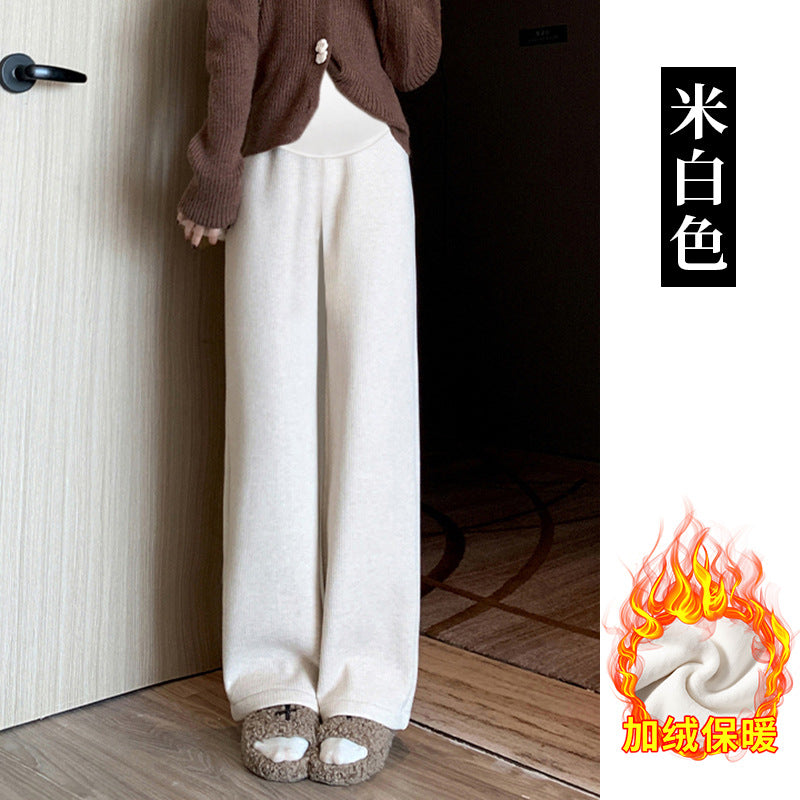Pregnant women's cashmere striped new wide-leg pants chenille autumn and winter drape fleece-lined straight mop pants trousers