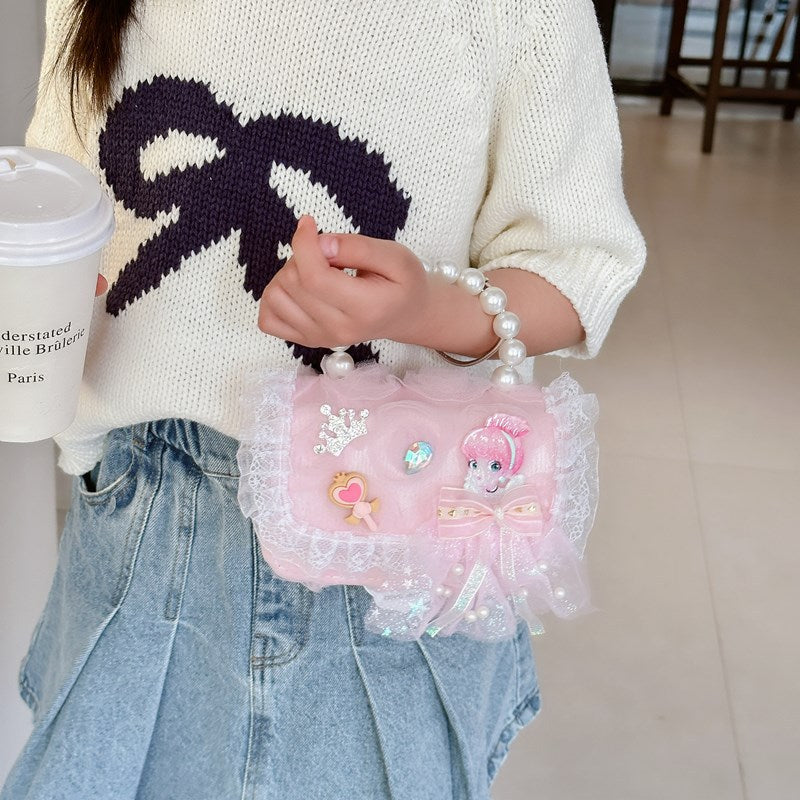 Korean Style Princess Handbag Fashion Bow Children Shoulder Bag Stylish Cute Girl Small Square Bag