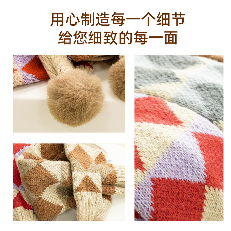 Plaid Retro Kidsren's Scarf Knitted Fur Ball Cross Scarf Autumn and Winter Warm and Cute Soft Windproof Scarf for Boys and Girls