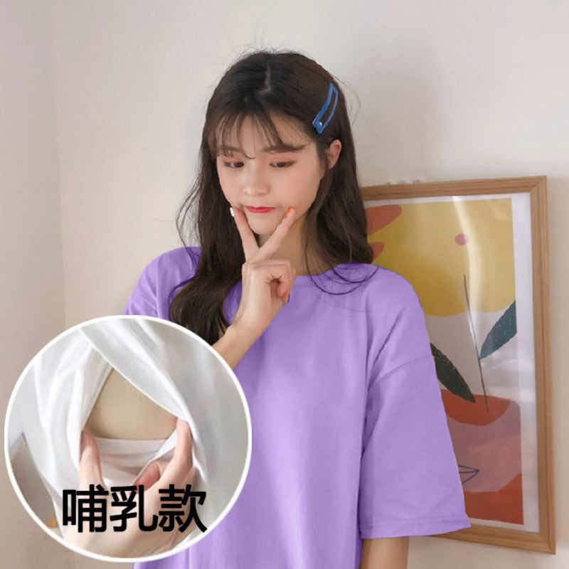 Maternity Breastfeeding T-shirt Summer Short-sleeved Mid-length 2023 New Loose plus size Breastfeeding Moon Dress