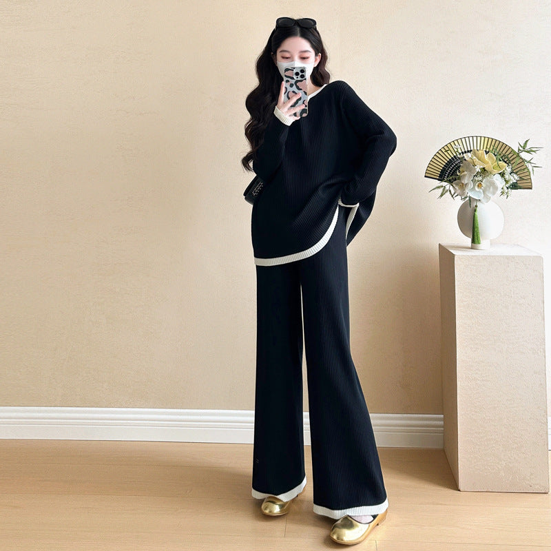 Spring 2025 New Pregnant Mother plus size V-neck Contrast Color Stitching Knitted Lazy Elegant Fashion Loose suit