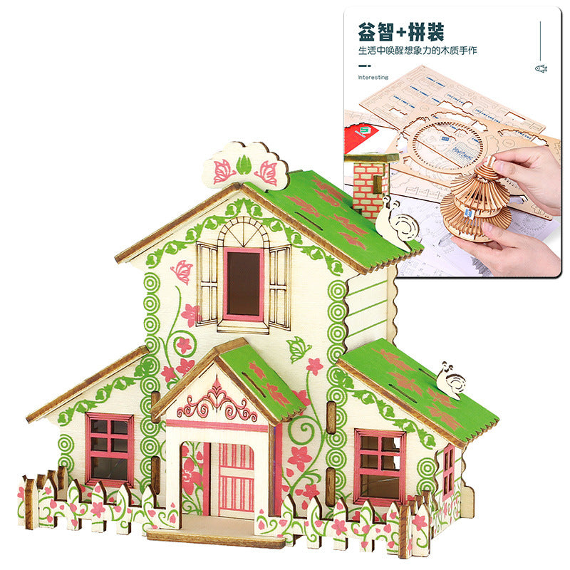 Wooden 3d three-dimensional puzzle snail cottage assembly model girl diy cottage gift children's small house building blocks