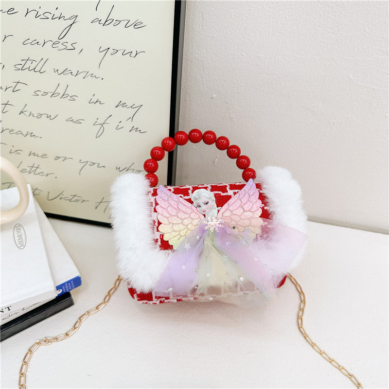 Children's New Year Red Envelope Korean Style Bow Pearl Small Square Bag Princess Shoulder Crossbody Mini Change Accessories Small Bag