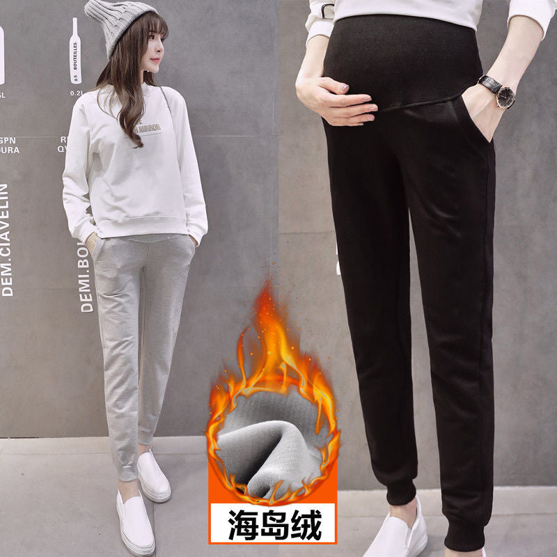 Pregnant Women's Pants Pregnant Women's Autumn and Winter Wear Korean Style fleece-lined Thickened Abdominal Pants Leggings Loose Harlan Pants Pregnant Women's Pants