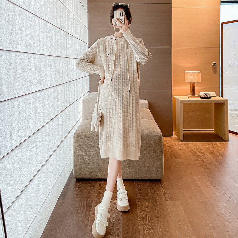 2023 Autumn/Winter New Maternity Versatile Dress Slimming Ribbed Sweater Dress Thick