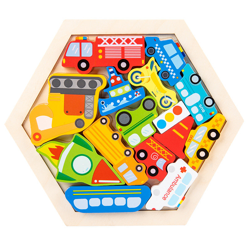 Cross-Border Children's Wooden Three-Dimensional Hexagonal Puzzle Animal Transportation Puzzle Building Blocks Early Education Educational Toys