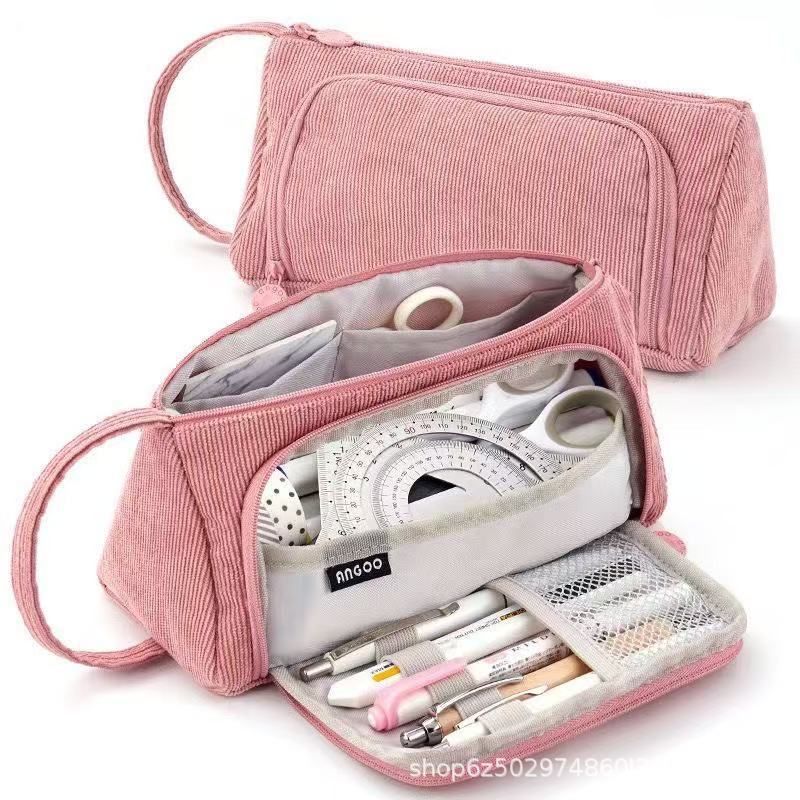 Corduroy Simple Large-Capacity Pencil Bag for Junior High School Students Small Fresh Canvas Pencil Bag Multi-Functional Storage Stationery Bag