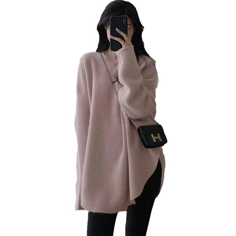 2025 Maternity Sweater Long-Sleeved Top, Lazy Style Loose Round Neck Autumn and Winter New Style Side Slit Loose Top