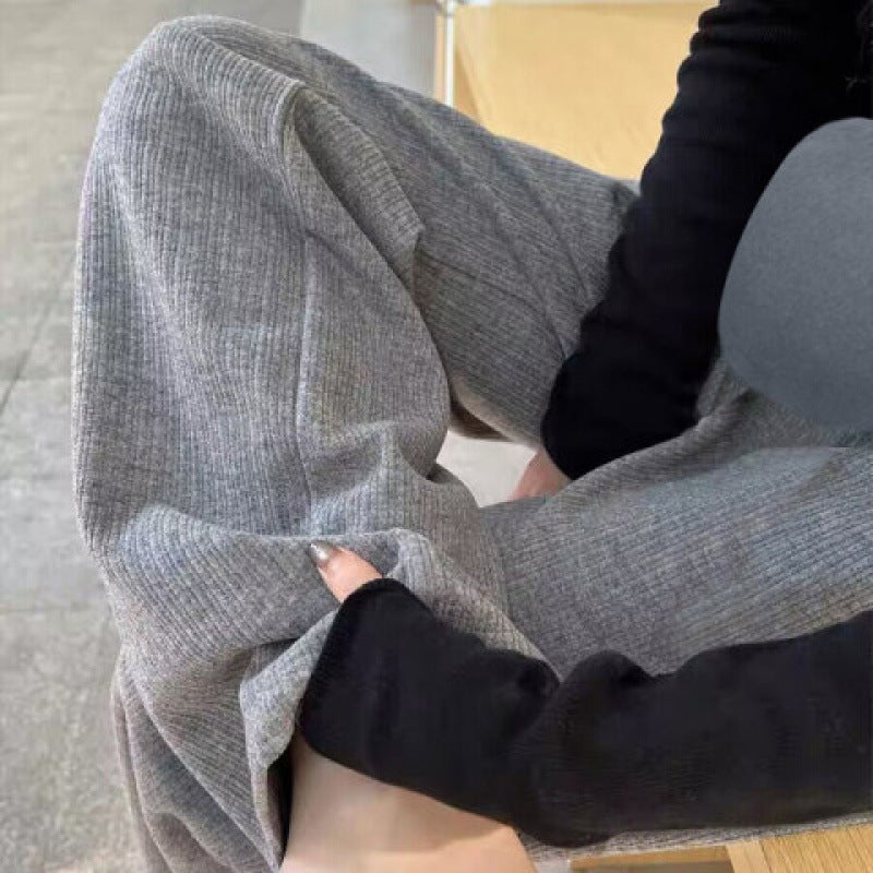 Pregnant women's cashmere striped new wide-leg pants chenille autumn and winter drape fleece-lined straight mop pants trousers