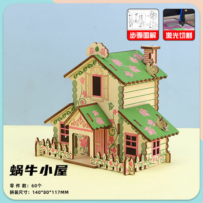 Wooden 3d three-dimensional puzzle snail cottage assembly model girl diy cottage gift children's small house building blocks