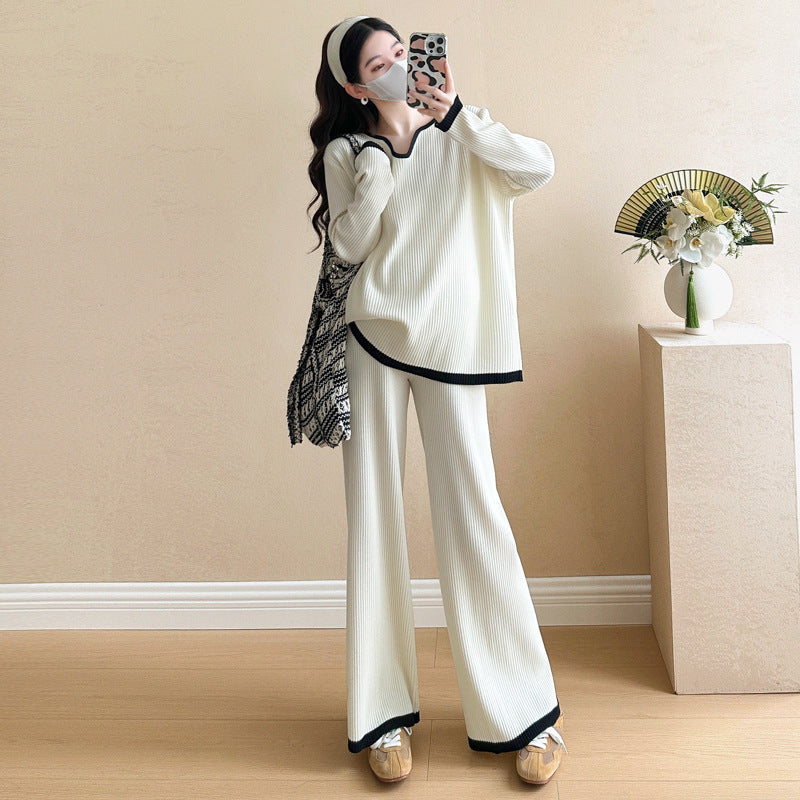 Spring 2025 New Pregnant Mother plus size V-neck Contrast Color Stitching Knitted Lazy Elegant Fashion Loose suit