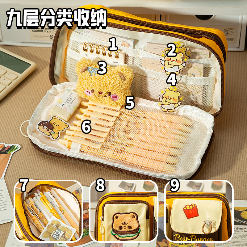 Bear Burger Pencil Case New Design Large Capacity Stationery Box Girls Niche High-Looking Student Cute Pencil Case