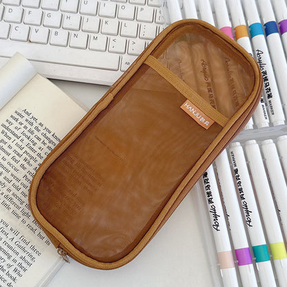 Korean Hj-006 High-Looking Pencil Bag, Transparent Mesh Stationery Bag, Simple Handbag, Cosmetic Bag, Double-Layer Storage Bag
