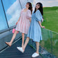 Maternity Summer 2023 New French Sweet Square Collar Puff Sleeve A- shaped High Waist Slimming Loose dress Women
