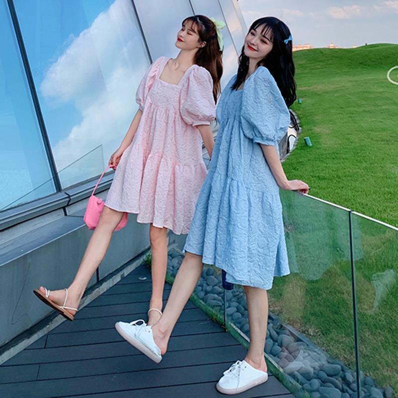 Maternity Summer 2023 New French Sweet Square Collar Puff Sleeve A- shaped High Waist Slimming Loose dress Women