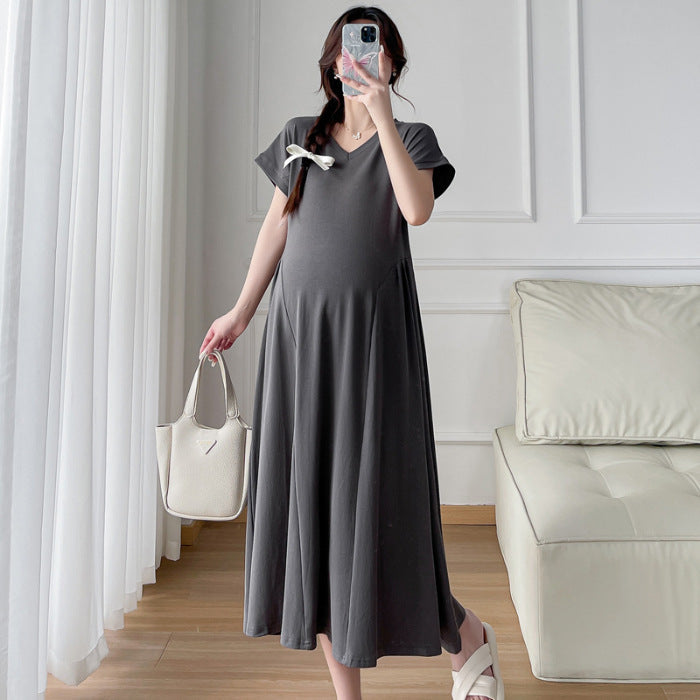 Pregnant Women's Summer Fashion Design Feeling Temperament Waist Slimming Belly Covering Pregnant Women's dress New Korean Style Pregnant Women's Dress