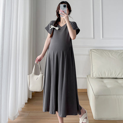 Pregnant Women's Summer Fashion Design Feeling Temperament Waist Slimming Belly Covering Pregnant Women's dress New Korean Style Pregnant Women's Dress