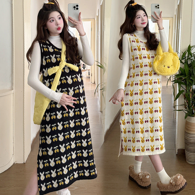 Real Shot in stock Autumn and Winter Base Shirt Loose Age-reducing Cute Rabbit Knitted Vest Dress Trendy Mom Two-piece Set