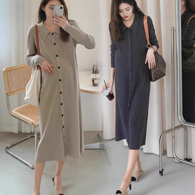 Pregnant women autumn dress 2024 new fashion French sweet doll collar knitted dress