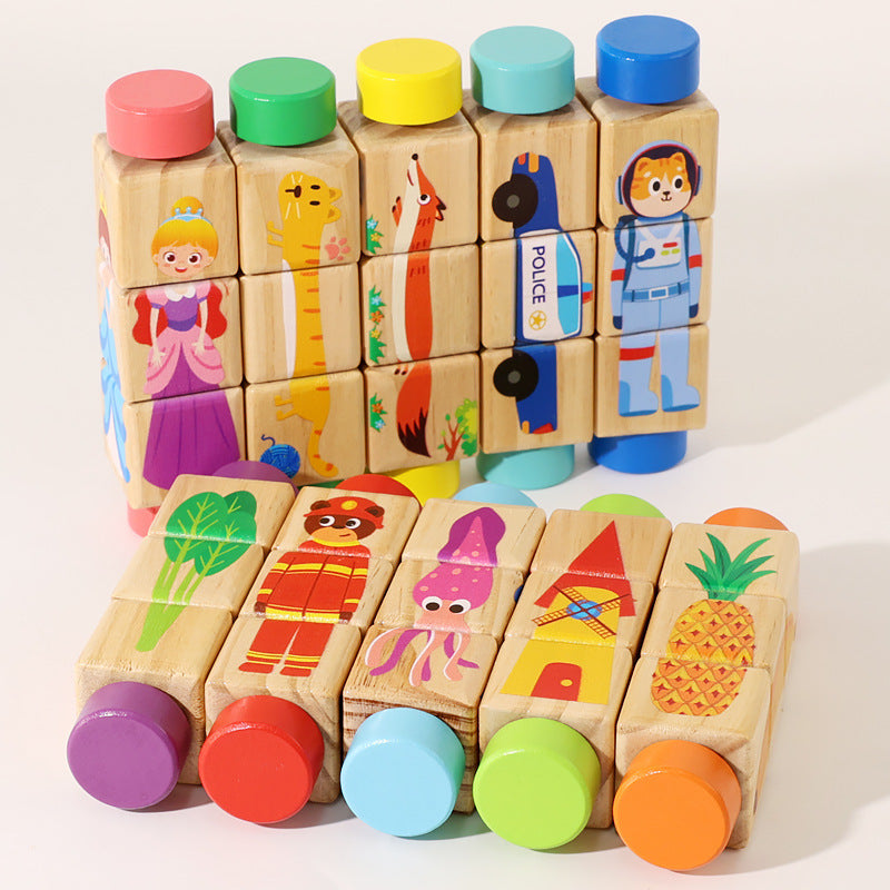 Cecpc Kidsren's Early Education Rotating Building Block Puzzle Baby Animal and Fruit Cognition Wooden Educational Toys for 1-2-3 Years Old