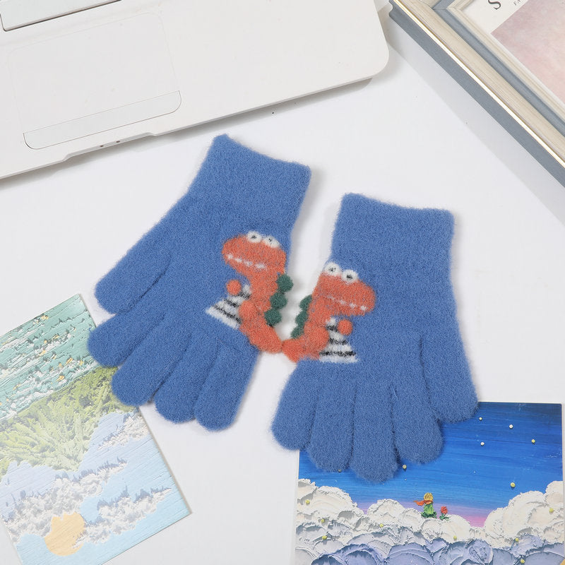 Winter Children's Gloves Cute Student Cartoon Little Dinosaur Warm Gloves Five-Finger Knitted Gloves for Baby Boys and Girls