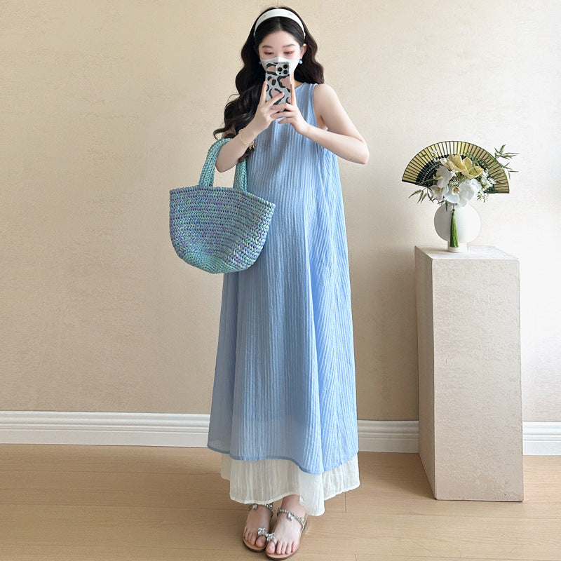 Internet Celebrity Maternity 2025 Summer New Pregnant Mother Design Feeling Dew Loose Stitching Sleeveless Long Pregnant Women dress