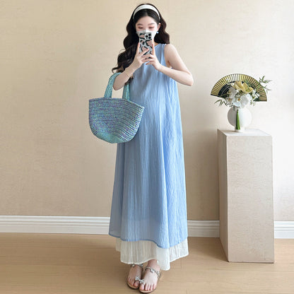 Internet Celebrity Maternity 2025 Summer New Pregnant Mother Design Feeling Dew Loose Stitching Sleeveless Long Pregnant Women dress