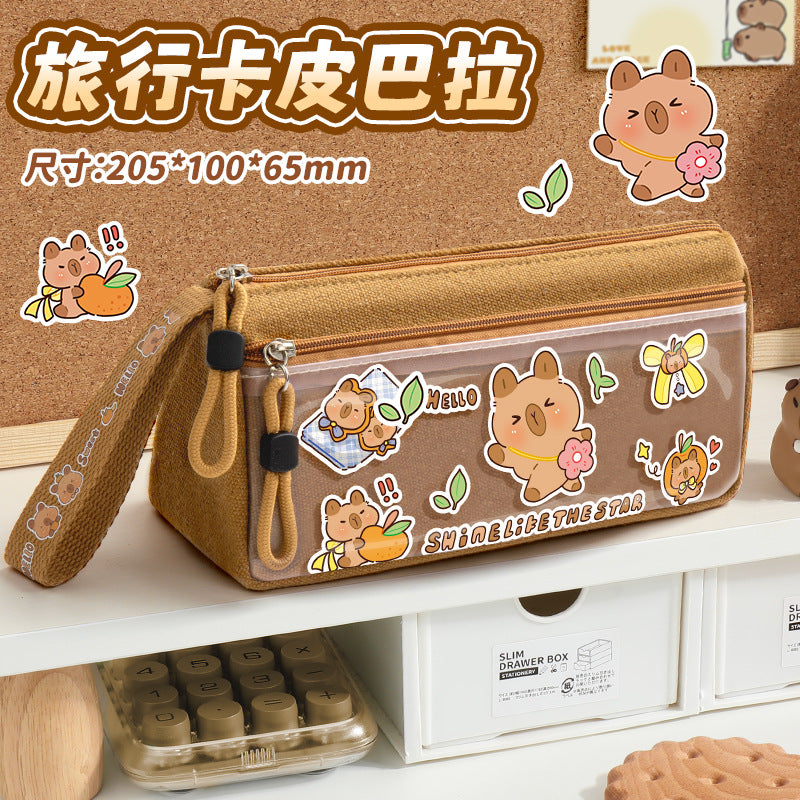 Double-Layer Capibara Pencil Case 2025 New Model Large Capacity Transparent Stationery Box for Girls and Boys Primary School Students Pencil Bag