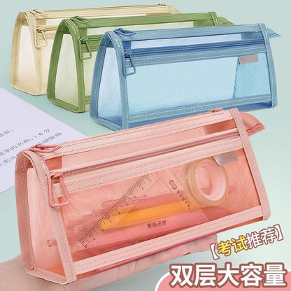 Transparent Mesh Triangular Pencil Bag Double-Layer Large-Capacity Stationery Bag Student Examination Pencil Bag Three-Dimensional Stationery Box Customization