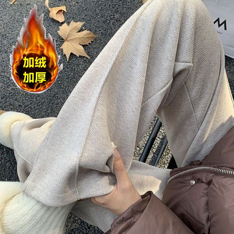 Maternity Pants, Autumn and Winter Style, Woolen, Thickened, Wide-Leg Pants for Outer Wear, High-Waisted, Belly-Supporting, Plus-Size, Straight-Leg, Casual Long Pants with Fleece Lining